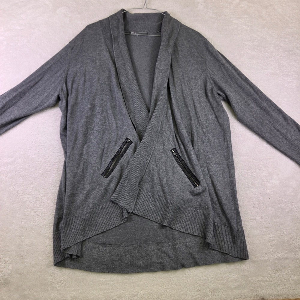 89th & Madison Womens Gray Open Front Draped Cardigan Faux Leather Zip Pockets